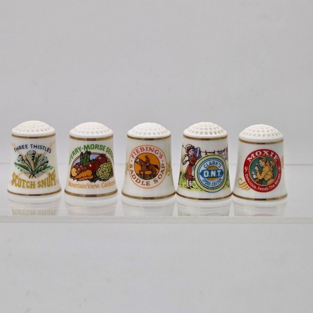 Country Store Advertising Thimbles Set of 25 and Info Cards W/ Wood Display Rack - Picture 10 of 16